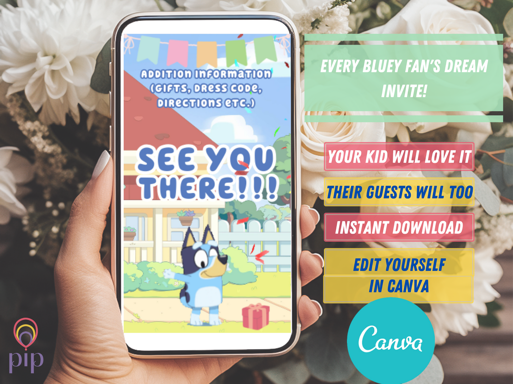 Bluey Pink Invitation with Photo | Video Invite | Instant Download or Done-For-You